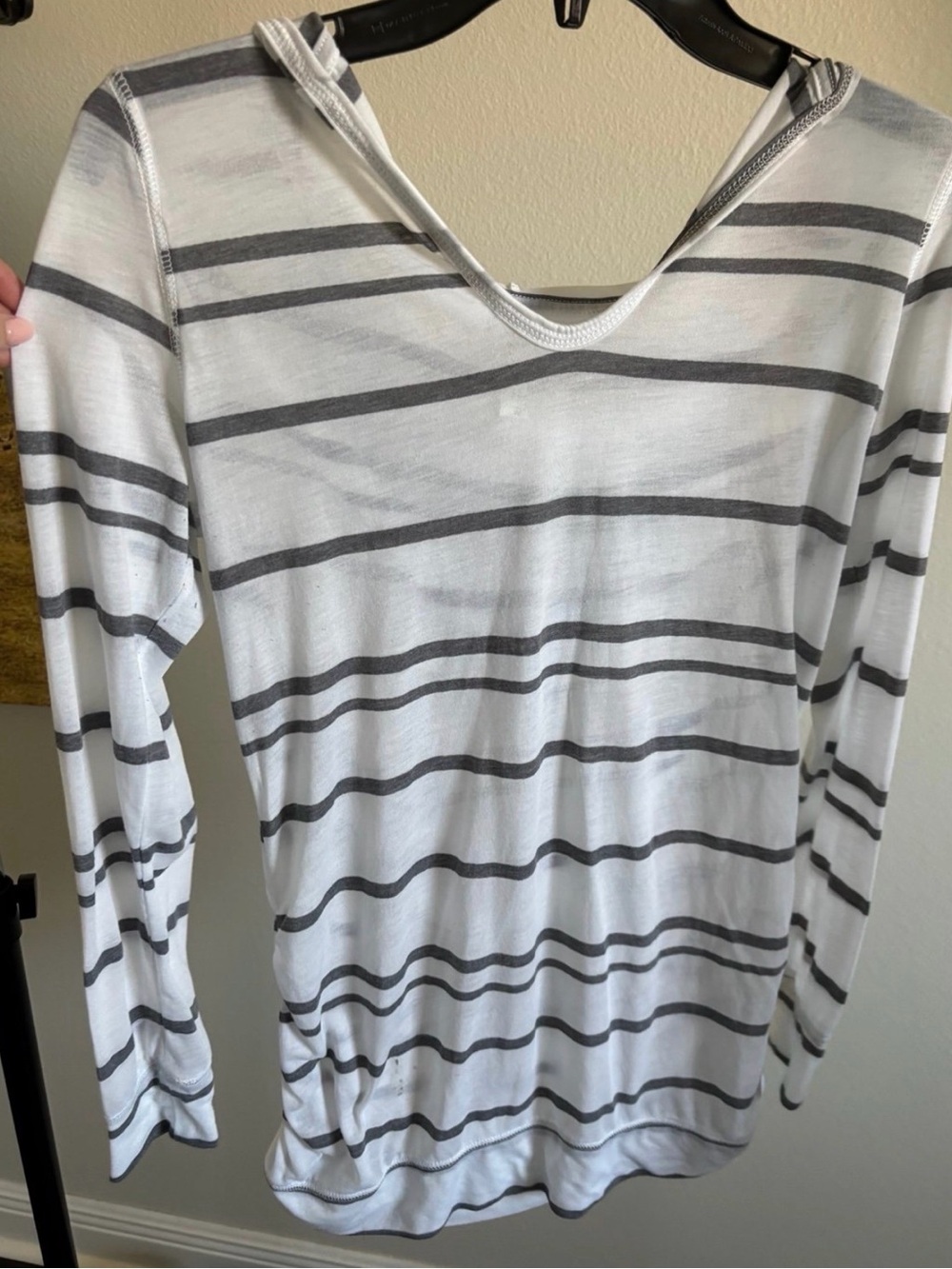 Soybu White and Gray Striped Hooded Long-Sleeve Top